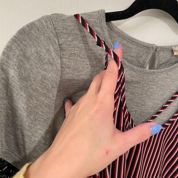 Hem & Thread Striped Mini Slip Overlay T-Shirt Dress Gray Red Small - Picture 4 of 10